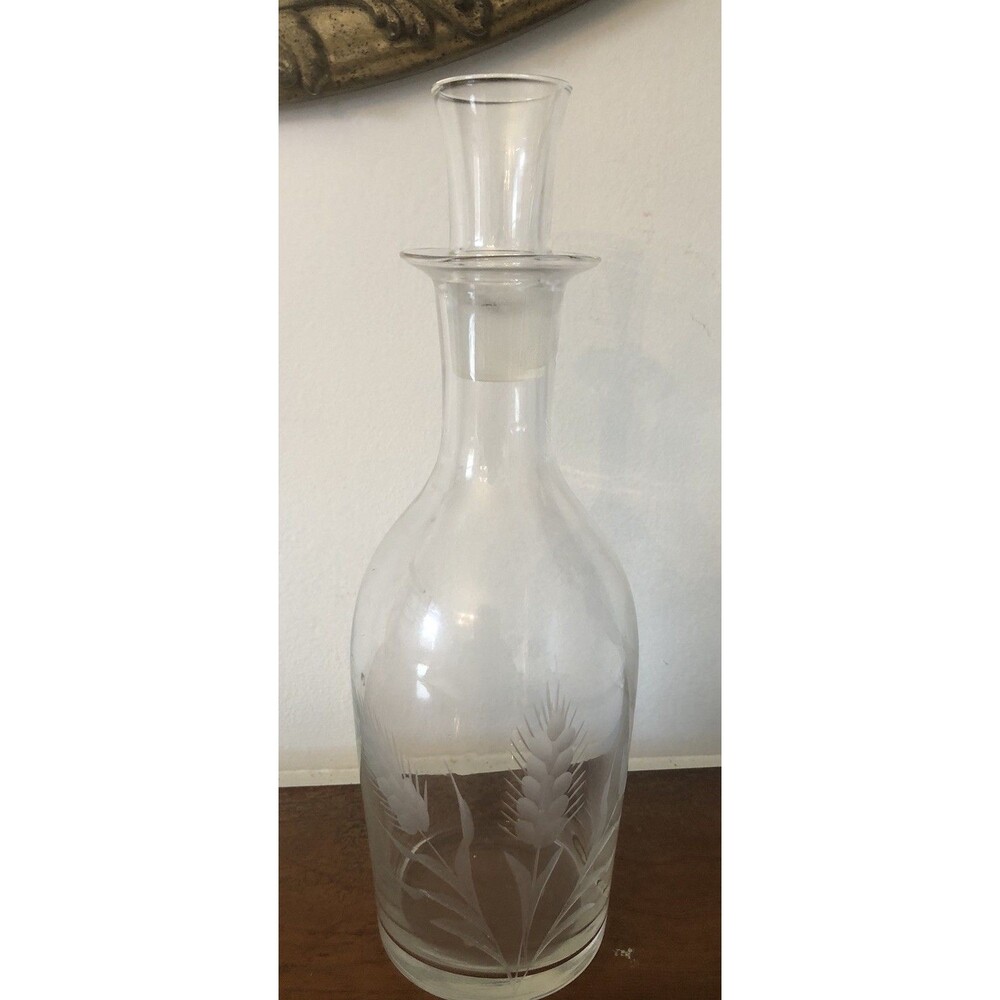 Vtg. Etched Floral Clear Glass Whiskey Decanter Shot Glass Stopper 11” Tall